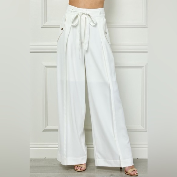 Alamia Winter White Wide Leg Pocketed Buckled Trousers Pant - Picture 2 of 5